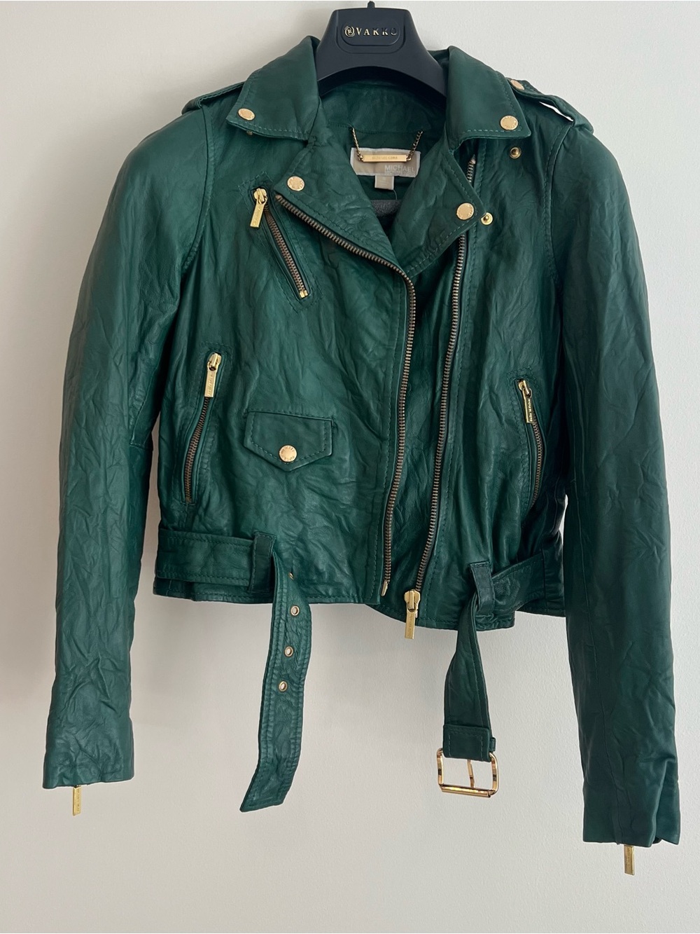Michael Kors Green Leather Moto Jacket with Gold Hardware